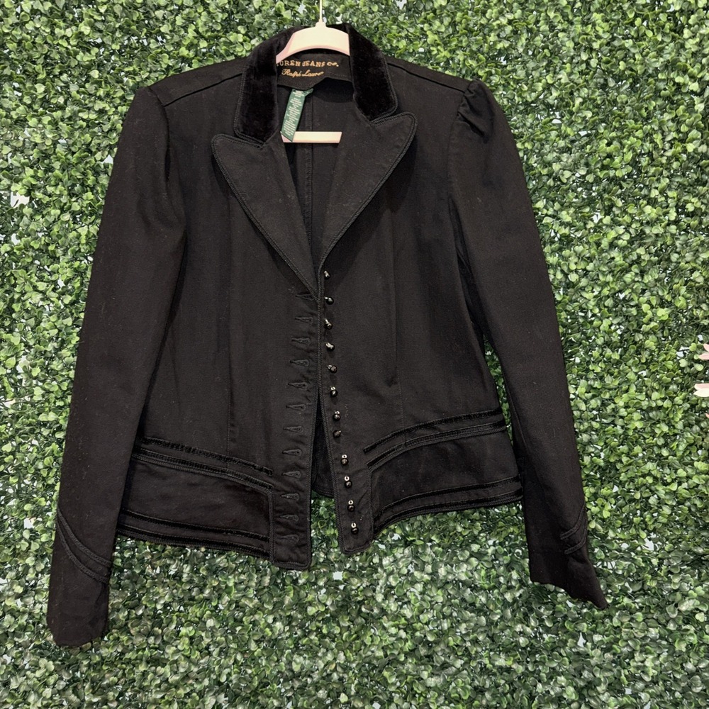 Lauren Jeans Co Fitted Denim Blazer, Embroidered Black Military Style Jacket L